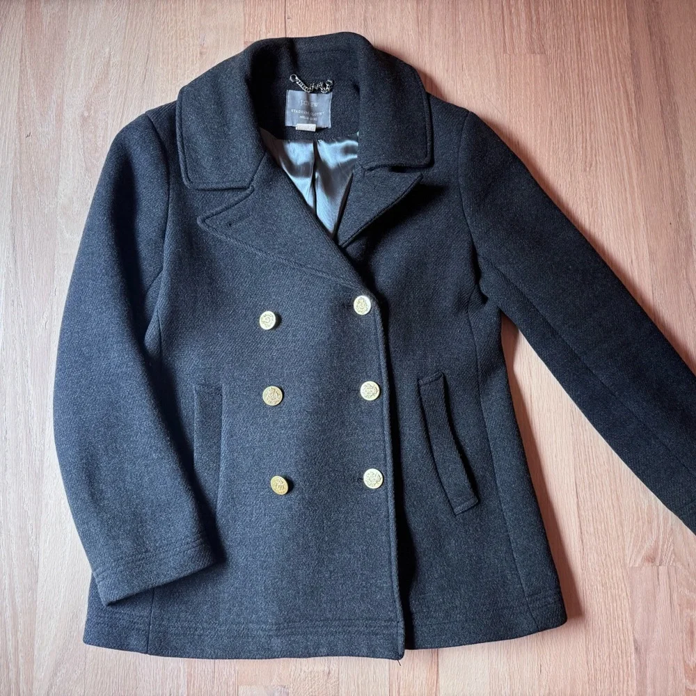 J. Crew Double-Breasted Stadium Cloth Wool Peacoat with Gold Buttons